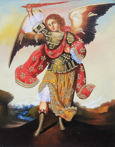 Archangel Zadkiel Original Colonial Cuzco Peru Folk Art Oil Painting On Canvas