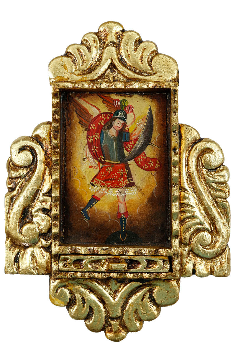 Archangel Michael Peru Retablo Folk Art Painting Handcarved Wood Altarpiece