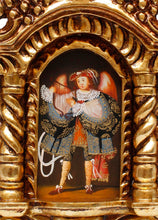 Load image into Gallery viewer, Musician Archangel Colonial Cuzco Peru Handmade Wood Retablo Framed Oil Painting