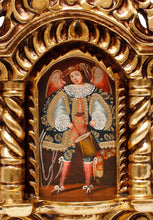 Load image into Gallery viewer, Musician Archangel Colonial Cuzco Peru Handmade Wood Retablo Framed Oil Painting