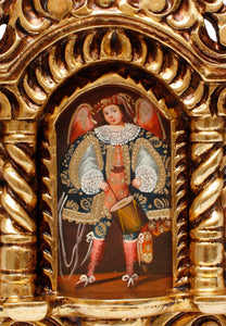 Musician Archangel Colonial Cuzco Peru Handmade Wood Retablo Framed Oil Painting