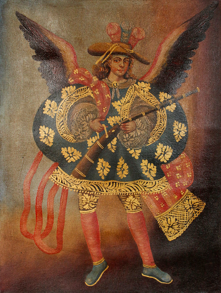 Military Archangel Original Colonial Cuzco Peru Folk Art Oil Painting On Canvas